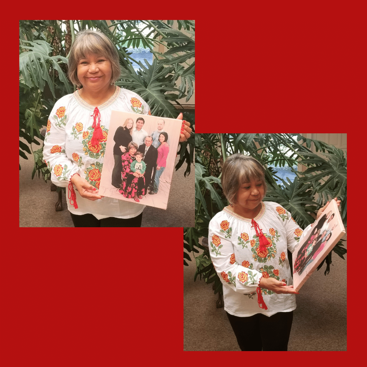 Aireen holding a portrait of her family with her late husband Pedro.