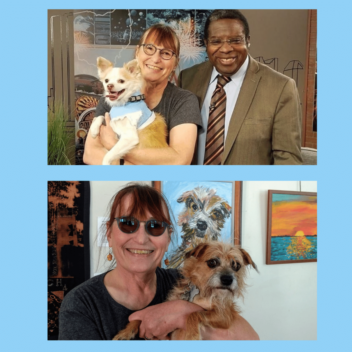 Nancy showing her art of her dog and showing her dog to a local newsman.